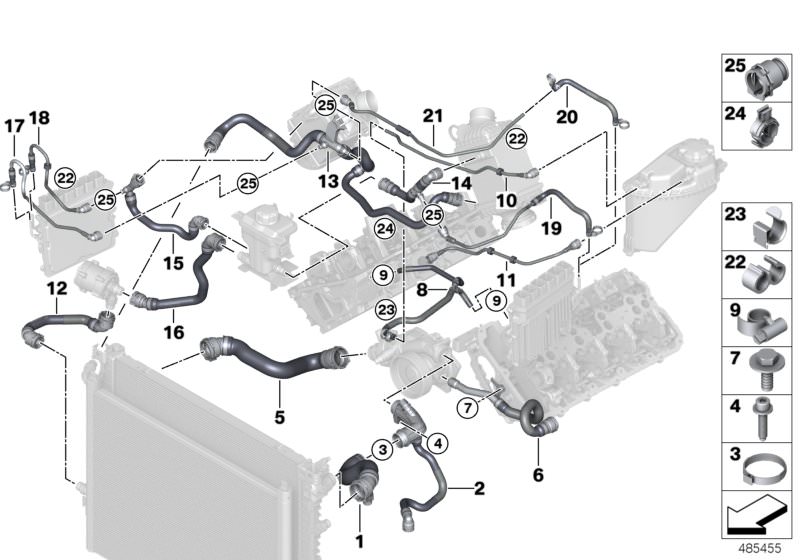 Picture board Cooling system coolant hoses for the BMW 7 Series models  Original BMW spare parts from the electronic parts catalog (ETK) for BMW motor vehicles (car)   Cable clamp, Cable holder, Cap, Fillister head screw, Hex Bolt with washer, Hose clamp,