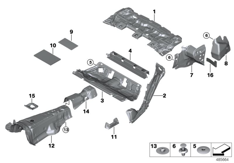 Picture board SOUND INSULATING REAR for the BMW 5 Series models  Original BMW spare parts from the electronic parts catalog (ETK) for BMW motor vehicles (car)   Absorber, side panel, Body nut, Clip, ball mounting, Expanding rivet, Right LOWER B-COLUMN SOU