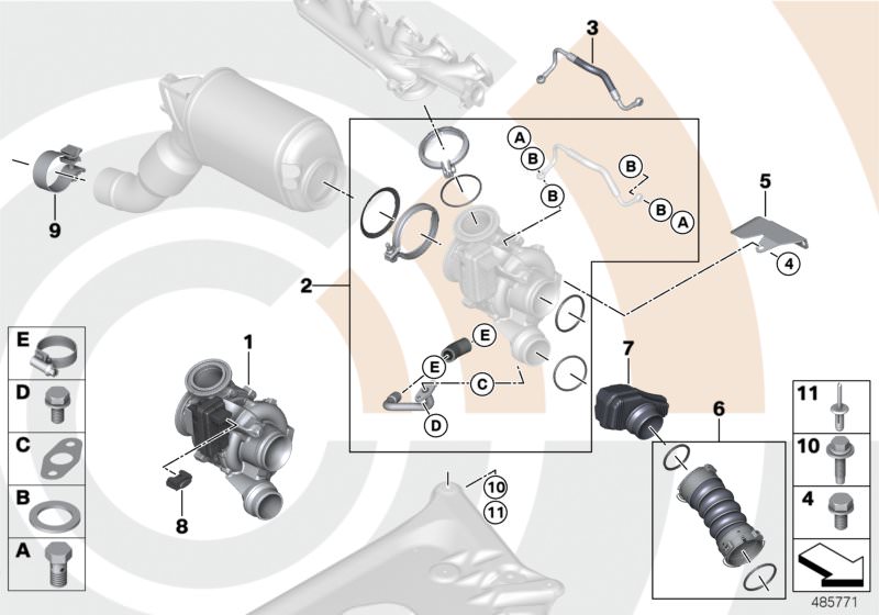 Picture board Turbocharger and install. kit Value Line for the BMW 5 Series models  Original BMW spare parts from the electronic parts catalog (ETK) for BMW motor vehicles (car)   Blind rivet, Charge air line, EXCH-TURBO CHARGER, Hex Bolt with washer, Hex