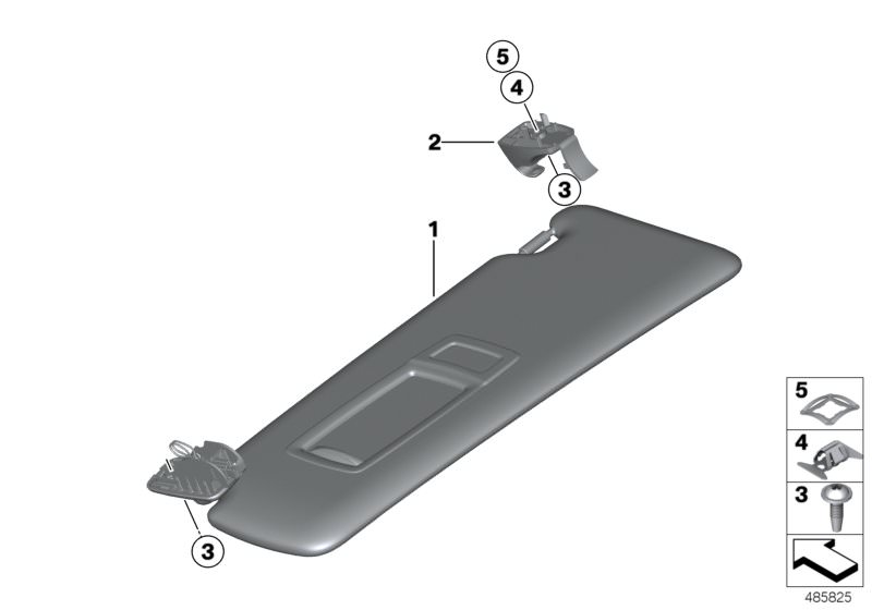 Picture board Sun visors for the BMW 4 Series models  Original BMW spare parts from the electronic parts catalog (ETK) for BMW motor vehicles (car)   Clip, Countersupport, sun visor, Left sun visor, Securing clip, Torx metal screw