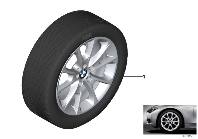 Illustration du BMW LA wheel, V-spoke 398 - 18´´ pour les BMW 4 Série Modèles  Pièces de rechange d'origine BMW du catalogue de pièces électroniques (ETK) pour véhicules automobiles BMW (voiture) 