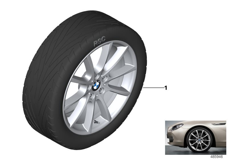 Illustration du BMW LA wheel, V-spoke 281 - 18´´ pour les BMW 5 Série Modèles  Pièces de rechange d'origine BMW du catalogue de pièces électroniques (ETK) pour véhicules automobiles BMW (voiture) 