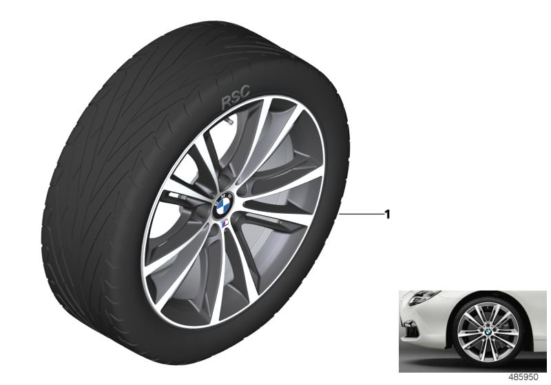 Picture board BMW LA wheel M Performance V-spoke 464M for the BMW 6 Series models  Original BMW spare parts from the electronic parts catalog (ETK) for BMW motor vehicles (car) 