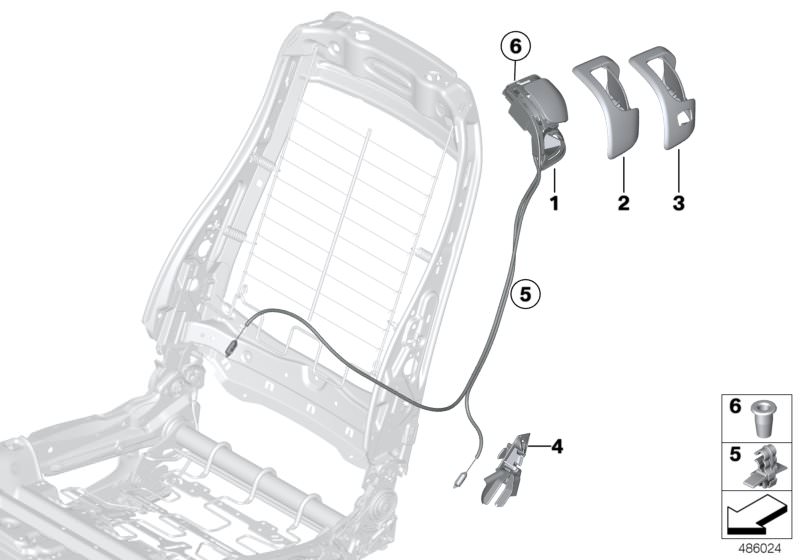 Picture board FRONT SEAT BACKREST UNLOCKING for the BMW 2 Series models  Original BMW spare parts from the electronic parts catalog (ETK) for BMW motor vehicles (car)   Clip centre, Clip, bowden cable, left, Cover, release left, Cover, release right, Grom