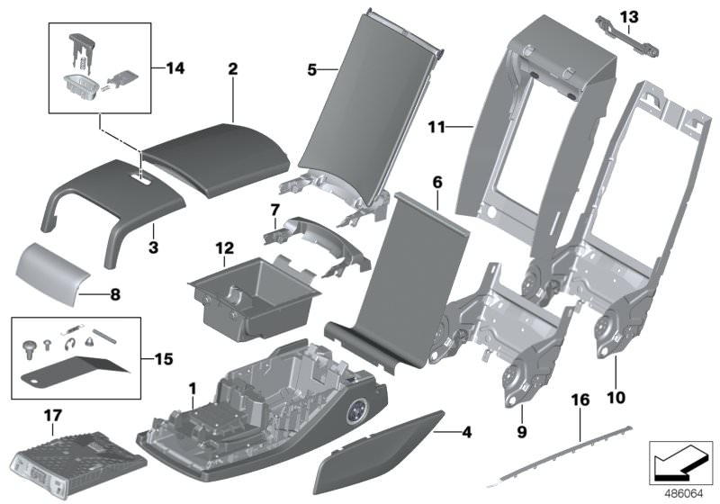Picture board Seat, rear, centre armrest, multifunct. for the BMW 7 Series models  Original BMW spare parts from the electronic parts catalog (ETK) for BMW motor vehicles (car)   Armrest bracket, Armrest lower leather, Button with spring, Channel cover, C