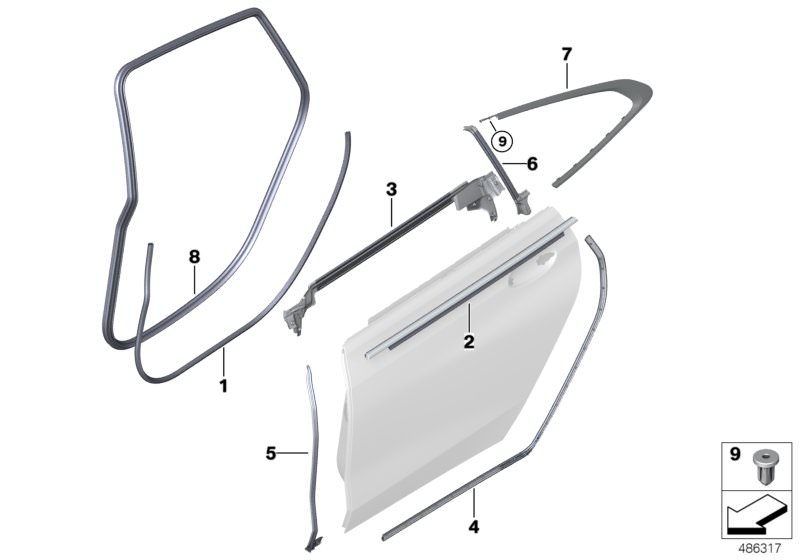 Picture board Trims and seals, door, rear for the BMW 6 Series models  Original BMW spare parts from the electronic parts catalog (ETK) for BMW motor vehicles (car)   Caulking entrance rear door right, Channel cover, long, outer left, Door weatherstrip, F