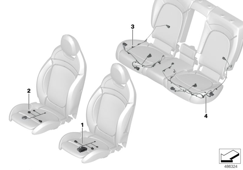 Picture board Wiring set seat for the BMW X Series models  Original BMW spare parts from the electronic parts catalog (ETK) for BMW motor vehicles (car)   Cable set, 2nd row of seats, Wiring set seat, driver´s side, Wiring set seat, passenger´s side