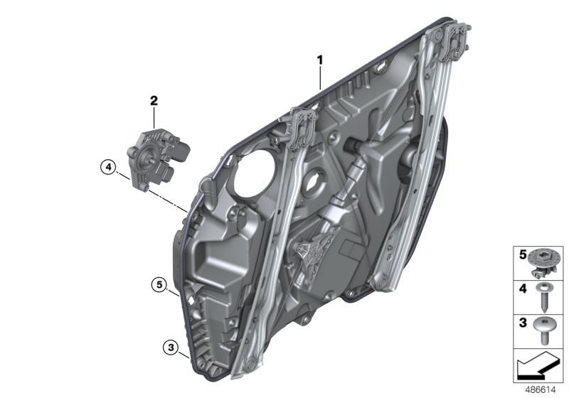 Picture board Door window lifting mechanism front for the BMW X Series models  Original BMW spare parts from the electronic parts catalog (ETK) for BMW motor vehicles (car)   Carrier, door front right, Drive for window lifter, front right, Fillister head 