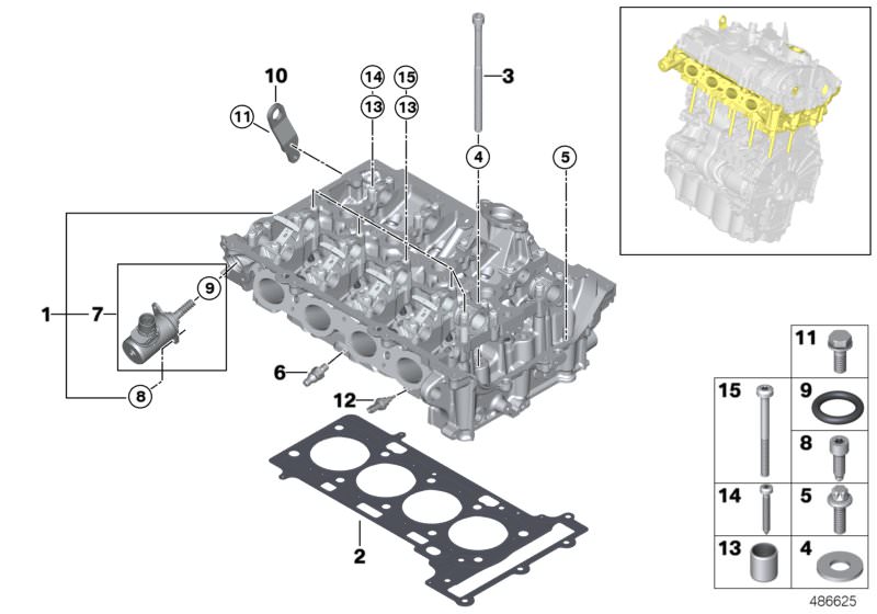 Picture board Cylinder head for the BMW 5 Series models  Original BMW spare parts from the electronic parts catalog (ETK) for BMW motor vehicles (car)   Actuator, ASA-Bolt, Coolant / oil temperature sensor, Countersunk screw, Cylinder head bolt, Cylinder 