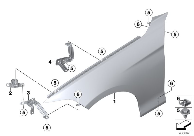 Picture board Side panel, front for the BMW 2 Series models  Original BMW spare parts from the electronic parts catalog (ETK) for BMW motor vehicles (car)   Body nut, Hex Bolt with washer, Side panel bracket, front left 2, Side panel bracket, front right 