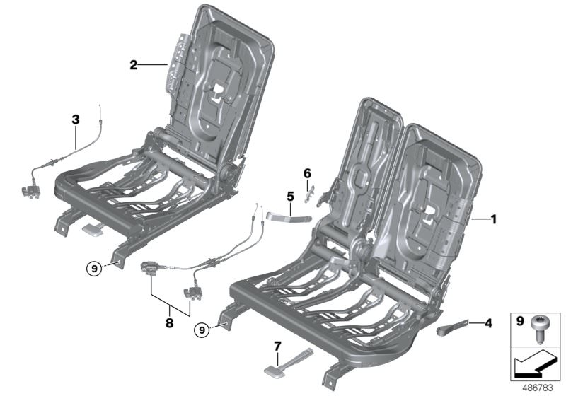 Illustration du Cadre de siège arrière pour les BMW X Série Modèles  Pièces de rechange d'origine BMW du catalogue de pièces électroniques (ETK) pour véhicules automobiles BMW (voiture)   Backrest remote unlocking, left, Backrest remote unlocking, right, 