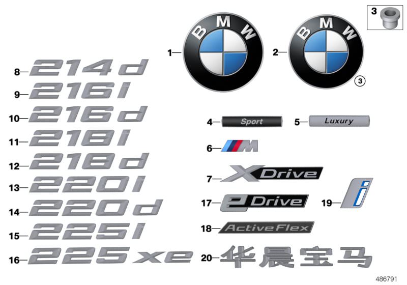 Picture board Emblems / letterings for the BMW 2 Series models  Original BMW spare parts from the electronic parts catalog (ETK) for BMW motor vehicles (car)   Emblem, Grommet, Lettering, Lettering, right, Model designation lettering, side, Plaque