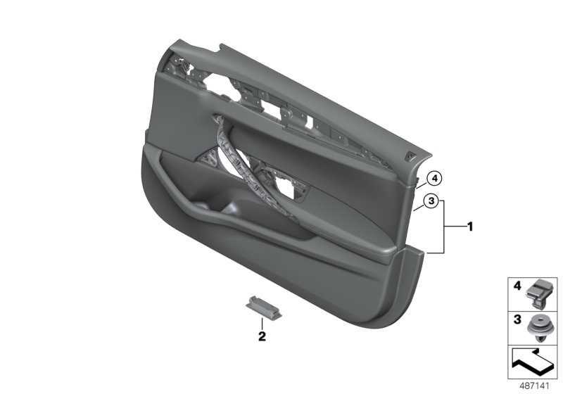 Picture board Door trim panel, front for the BMW 5 Series models  Original BMW spare parts from the electronic parts catalog (ETK) for BMW motor vehicles (car)   Clip, Clip with sealing washer right, Door trim panel, front left, LED for interior lamp