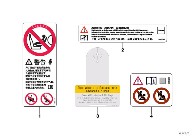 Picture board Instruction notice, Airbag for the BMW 7 Series models  Original BMW spare parts from the electronic parts catalog (ETK) for BMW motor vehicles (car)   Instruction notice, Airbag, Instruction notice, Passenger´s airbag