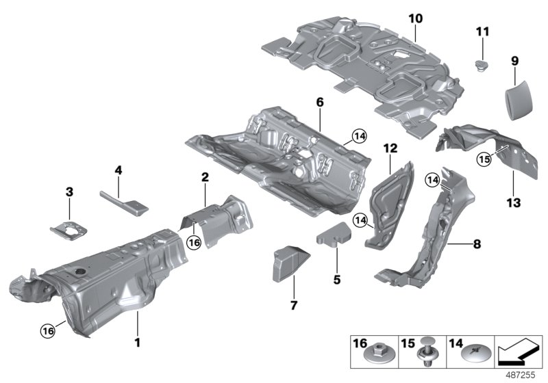Bildtafel Schallisolierung hinten für die BMW 8er Modelle  Original BMW Ersatzteile aus dem elektronischen Teilekatalog (ETK) für BMW Kraftfahrzeuge( Auto)    Druckknopf grau, Kunststoffmutter, Schallisolierung Absorberschlauch, Schallisolierung Boden hin