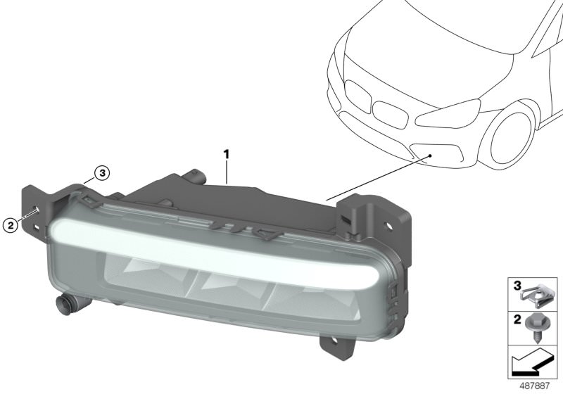 Picture board Fog lights for the BMW 2 Series models  Original BMW spare parts from the electronic parts catalog (ETK) for BMW motor vehicles (car)   C-clip nut, self-locking, Fog light, LED, left, Hex head screw