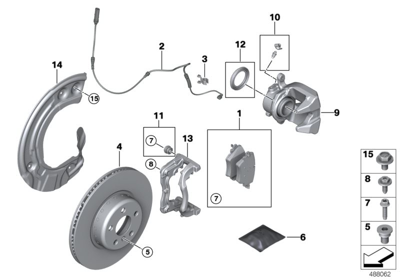 Picture board Front wheel brake for the BMW X Series models  Original BMW spare parts from the electronic parts catalog (ETK) for BMW motor vehicles (car)   Brake disc, lightweight, ventilated, Brake pad wear sensor, front, Brake-pad paste, Caliper housin