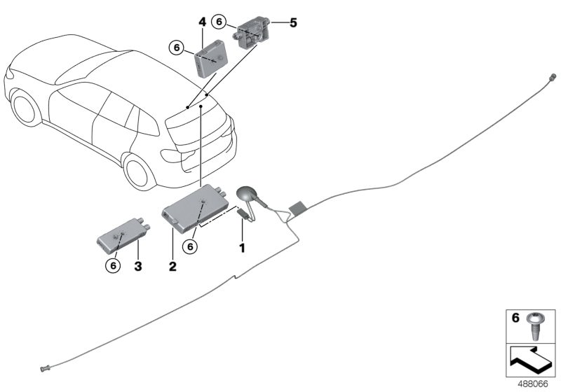 Illustration du Pièces d`amplificateur d`antenne pour les BMW X Série Modèles  Pièces de rechange d'origine BMW du catalogue de pièces électroniques (ETK) pour véhicules automobiles BMW (voiture)   Aerial amplifier FM2, Aerial amplifier FM2/TV2, Aerial pr