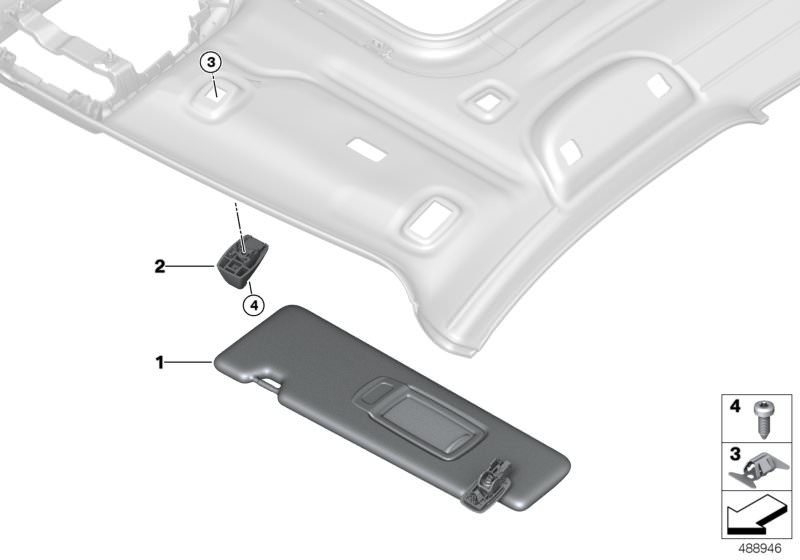 Picture board Sun visor for the BMW X Series models  Original BMW spare parts from the electronic parts catalog (ETK) for BMW motor vehicles (car)   Clip, Countersupport, sun visor, Left sun visor, Torx metal screw