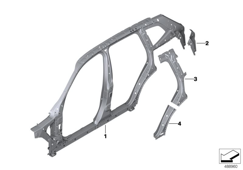 Picture board Side frame, middle for the BMW X Series models  Original BMW spare parts from the electronic parts catalog (ETK) for BMW motor vehicles (car)   Reinforcement C-pillar top right, Reinforcement column C, bottom, right, Reinforcement for D-pill