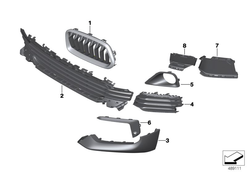 Picture board Trim panel, trim elements, front for the BMW X Series models  Original BMW spare parts from the electronic parts catalog (ETK) for BMW motor vehicles (car)   Cover, fog lamp, right, Cover, grille, middle right, Cover, grille, right, Frame ri