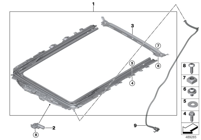 Picture board Panorama glass roof for the BMW 5 Series models  Original BMW spare parts from the electronic parts catalog (ETK) for BMW motor vehicles (car)   Cross member, Drive panorama glass roof, Hex Bolt, Hex nut, Panoramic roof, frame, Plastic washe