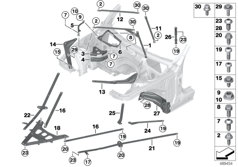 Picture board Brace for body front end for the BMW 2 Series models  Original BMW spare parts from the electronic parts catalog (ETK) for BMW motor vehicles (car)   Cross-brace, left, Cross-brace, right, Fillister head screw, Front end strut, left, Front e