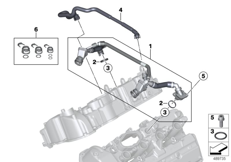 Picture board Crankcase-Ventilation for the BMW 6 Series models  Original BMW spare parts from the electronic parts catalog (ETK) for BMW motor vehicles (car)   Connecting line, Isa screw with washer, O-ring, Profile-gasket, Repair kit for connectors, Ven