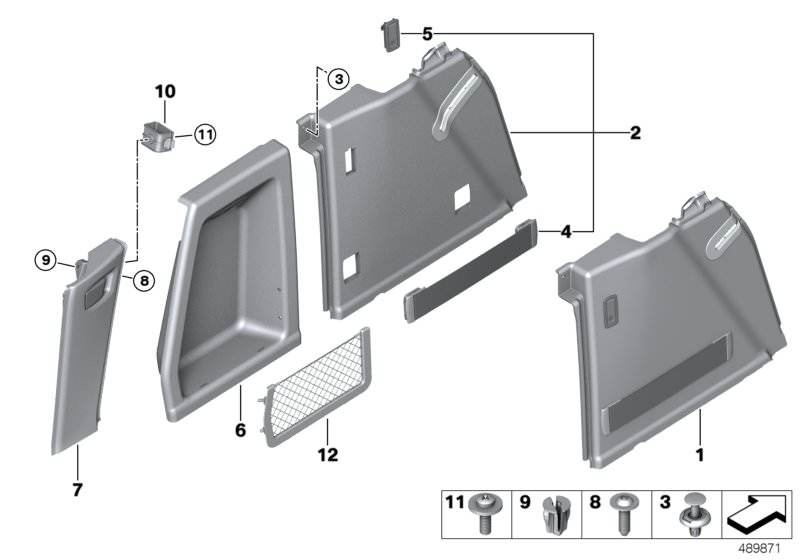 Picture board TRUNK TRIM, LEFT for the BMW X Series models  Original BMW spare parts from the electronic parts catalog (ETK) for BMW motor vehicles (car)   Bracket for hazard warn. triangle, Cover, D-column bottom left, Covering left, Expanding nut, Expan