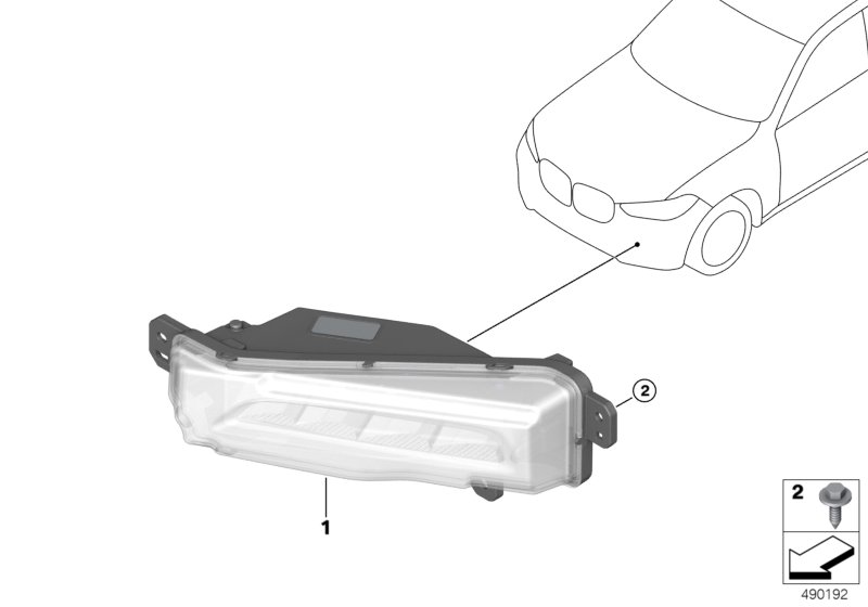 Bildtafel Nebelscheinwerfer für die BMW X Modelle  Original BMW Ersatzteile aus dem elektronischen Teilekatalog (ETK) für BMW Kraftfahrzeuge( Auto)    Nebelscheinwerfer LED rechts, Sechskantblechschraube