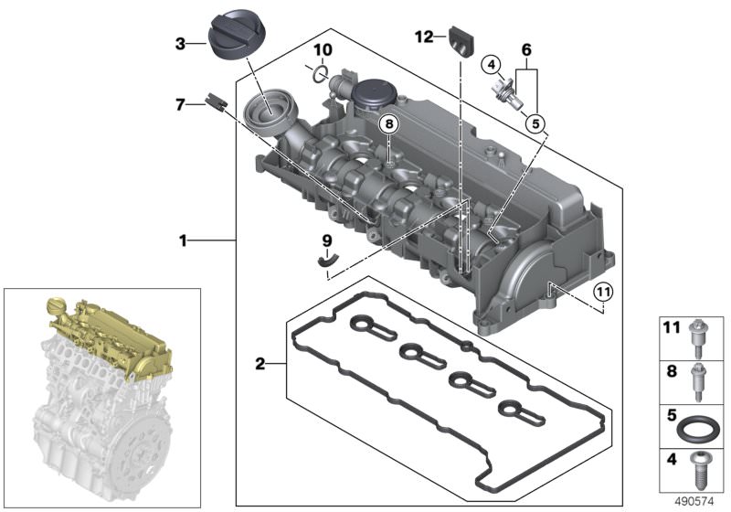 Picture board Cylinder head cover for the BMW 5 Series models  Original BMW spare parts from the electronic parts catalog (ETK) for BMW motor vehicles (car)   ASA-Bolt, Camshaft sensor, Cylinder head cover, Decoupling element, Gasket set, cylinder head co