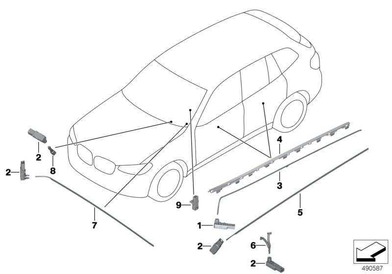 Picture board LED module / optical fibre for the BMW X Series models  Original BMW spare parts from the electronic parts catalog (ETK) for BMW motor vehicles (car)   Fibre-optic cond.storage compart.light., Fibre-optic conductor door pocket, LED module, L