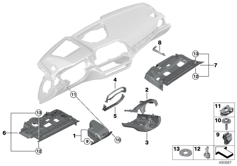 Picture board Mounting parts, instrument panel, bottom for the BMW 3 Series models  Original BMW spare parts from the electronic parts catalog (ETK) for BMW motor vehicles (car)   Clamp, Combi. fillister head self-tapping screw, Folding box, driver´s side