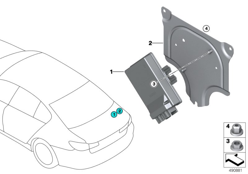 Picture board Rear axle differential control unit for the BMW 3 Series models  Original BMW spare parts from the electronic parts catalog (ETK) for BMW motor vehicles (car)   Control unit, Hex nut, Holder, Plastic nut