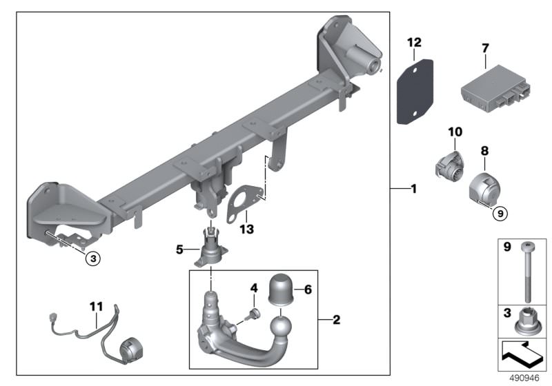 Picture board Towing hitch, detachable for the BMW X Series models  Original BMW spare parts from the electronic parts catalog (ETK) for BMW motor vehicles (car)   Adapter, Blind plug, Control unit, trailer tow hitch, Countersunk screw, Covering cap, Gask