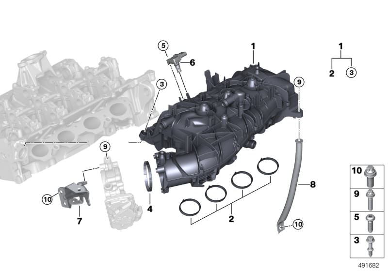 Picture board Intake manifold system for the BMW 5 Series models  Original BMW spare parts from the electronic parts catalog (ETK) for BMW motor vehicles (car)   Collar screw, Gasket, Hexalobular socket screw, Holder, diff. air intake system, Intake syste