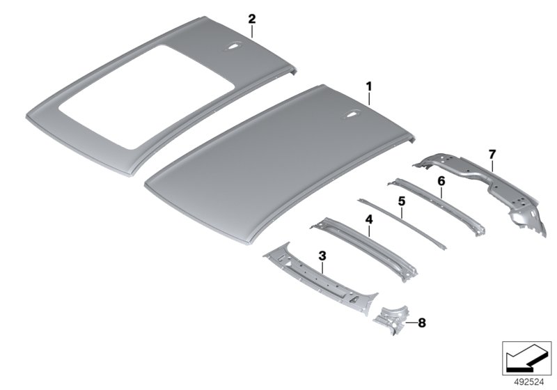 Bildtafel Dach für die BMW X Modelle  Original BMW Ersatzteile aus dem elektronischen Teilekatalog (ETK) für BMW Kraftfahrzeuge( Auto)    Anschluss Windlauf seitlich links, Dachaussenhaut, Dachaussenhaut Panoramadach, Dachspriegel hinten, Dachspriegel Mit