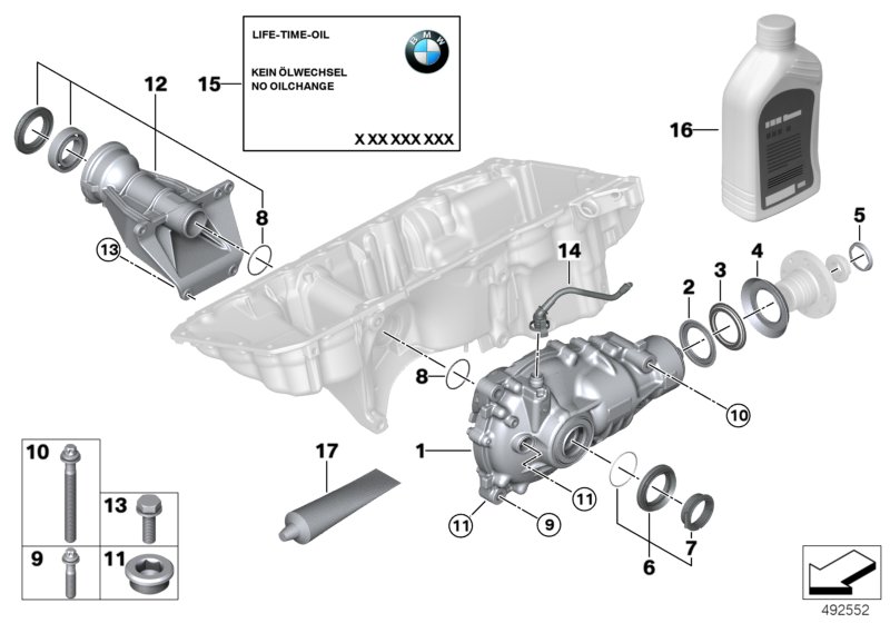 Illustration du Pont avant pour les BMW X Série Modèles  Pièces de rechange d'origine BMW du catalogue de pièces électroniques (ETK) pour véhicules automobiles BMW (voiture)   Assembly ring, dustcover plate, large, dustcover plate, small, Exch-front diffe