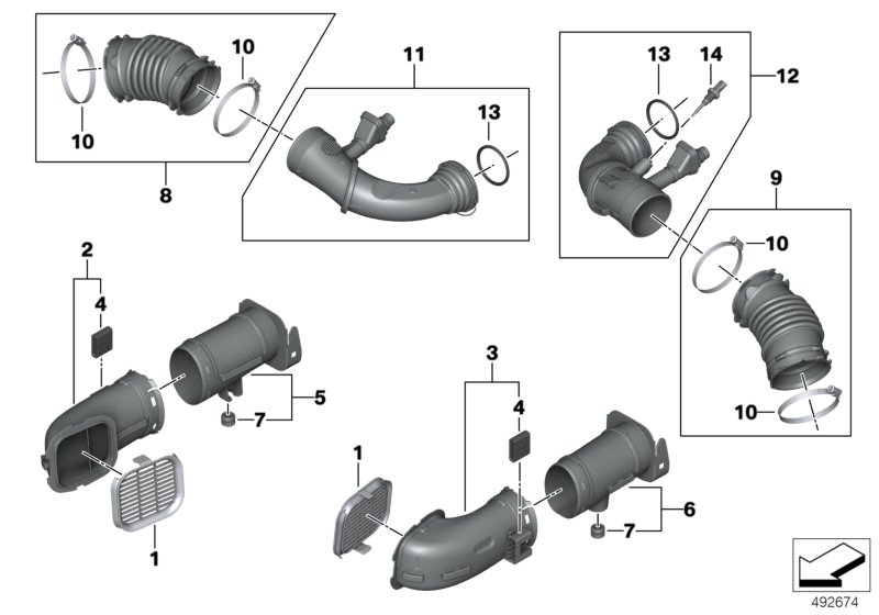 Picture board Air duct for the BMW 5 Series models  Original BMW spare parts from the electronic parts catalog (ETK) for BMW motor vehicles (car)   Air intake tube, Decoupling element, Gasket ring, Grommet, Hose clamp, Intake duct, left, Intake duct, righ