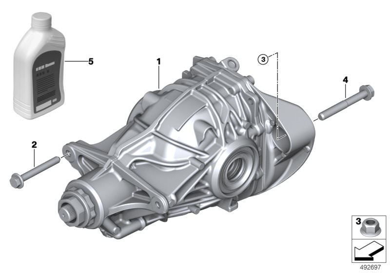 Picture board Rear-axle-drive for the BMW Z Series models  Original BMW spare parts from the electronic parts catalog (ETK) for BMW motor vehicles (car)   Exchange final drive with differential, Hex Bolt with washer, Hypoid axle oil G4, Nut, Self-locking 