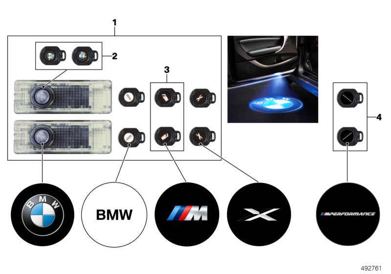Illustration du Projecteur de porte LED pour les BMW 5 Série Modèles  Pièces de rechange d'origine BMW du catalogue de pièces électroniques (ETK) pour véhicules automobiles BMW (voiture) 
