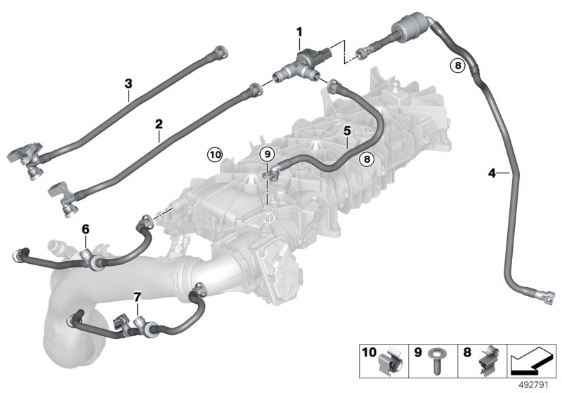 Picture board Fuel tank breather valve for the BMW X Series models  Original BMW spare parts from the electronic parts catalog (ETK) for BMW motor vehicles (car)   Fillister head screw, Fixing clamp, Fuel tank breath.line with resonator, Fuel Tank Breathe