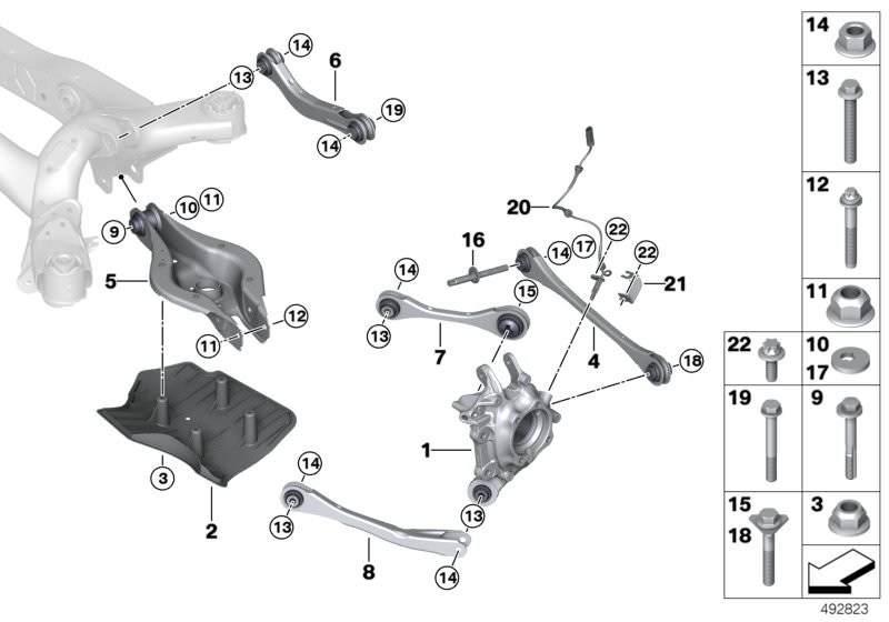 Bildtafel Hinterachsträger/Radaufhängung für die BMW Z Modelle  Original BMW Ersatzteile aus dem elektronischen Teilekatalog (ETK) für BMW Kraftfahrzeuge( Auto)    Aero Abdeckung hinten links, ASA-Schraube gewindefurchend, Bundmutter selbstsichernd, Exzen