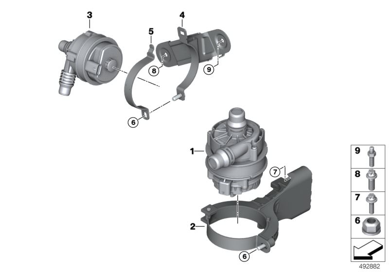 Picture board Electric water pump / mounting for the BMW 3 Series models  Original BMW spare parts from the electronic parts catalog (ETK) for BMW motor vehicles (car)   Auxiliary water pump, Hex nut, Hexalobular socket screw, Holder, auxiliary water pump