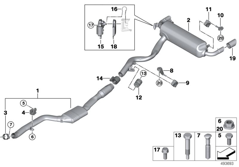 Picture board Exhaust system, rear for the BMW 3 Series models  Original BMW spare parts from the electronic parts catalog (ETK) for BMW motor vehicles (car)   Actuator drive, exhaust flap, Bracket exhaust, rear, Bracket, rear silencer, rear right, Clampi