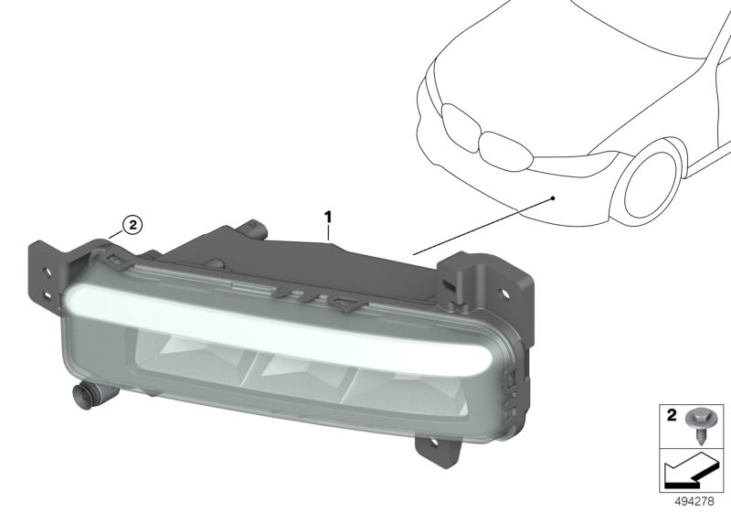 Picture board Fog lights for the BMW 3 Series models  Original BMW spare parts from the electronic parts catalog (ETK) for BMW motor vehicles (car)   Fog light, LED, left, Hex Bolt