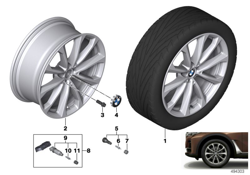 Picture board BMW LA wheel V-spoke 750 - 20´´ for the BMW X Series models  Original BMW spare parts from the electronic parts catalog (ETK) for BMW motor vehicles (car)   Hub cap with chrome edge, Light alloy disc wheel Reflexsilber, Repair kit, screw-typ