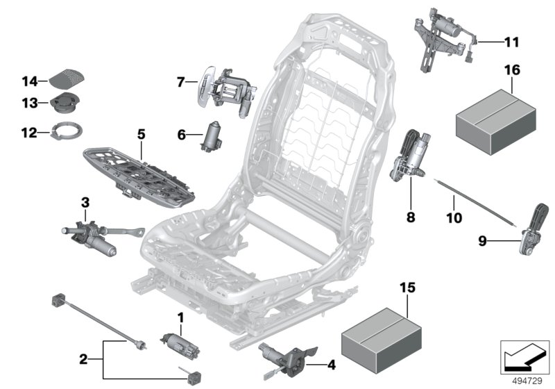 Picture board Seat, front, electrical system & drives for the BMW 7 Series models  Original BMW spare parts from the electronic parts catalog (ETK) for BMW motor vehicles (car)   Actuator f upper backrest adjustment, Attachment set, seat frame, Clim.-cont