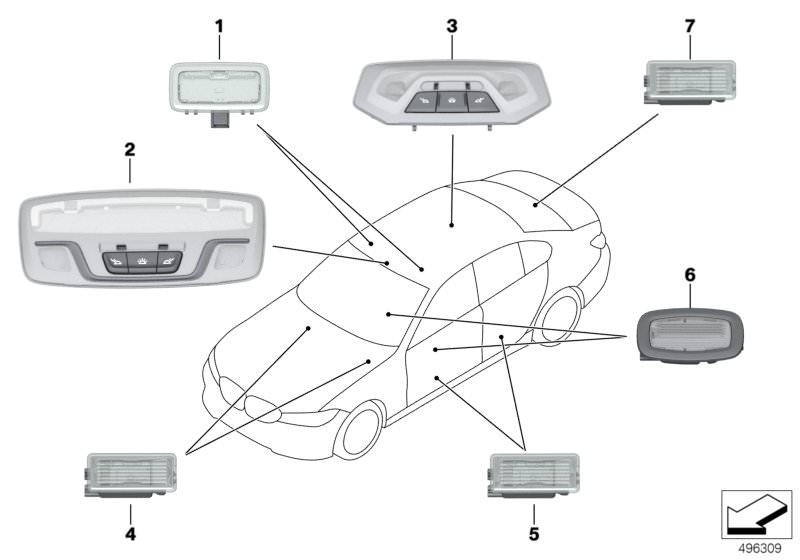 Bildtafel Innenleuchten für die BMW 3er Modelle  Original BMW Ersatzteile aus dem elektronischen Teilekatalog (ETK) für BMW Kraftfahrzeuge( Auto)    Fussraumleuchte hinten, Fussraumleuchte LED, Gepäckraumleuchte LED, Innenleseleuchte LED hinten Mitte, Inn