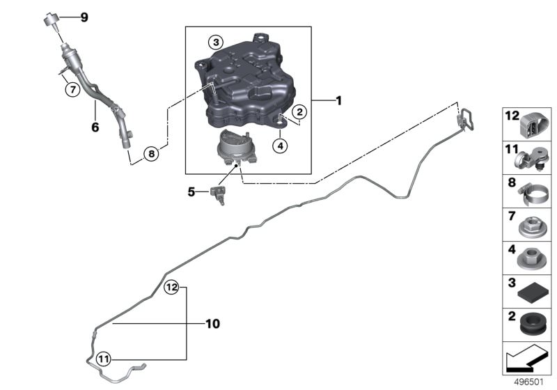 Bildtafel SCR-System für die BMW 3er Modelle  Original BMW Ersatzteile aus dem elektronischen Teilekatalog (ETK) für BMW Kraftfahrzeuge( Auto)    Anschlussstutzen, Befüllsystem SCR, Clip, Dosierleitung, Gummitülle, Halter, Schlauchschelle, SCR-Behälter ak